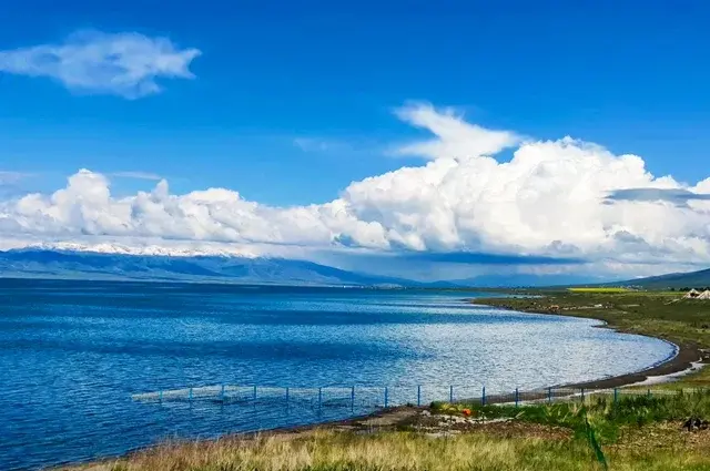 The vast blue expanse of Qinghai Lake under a bright sky