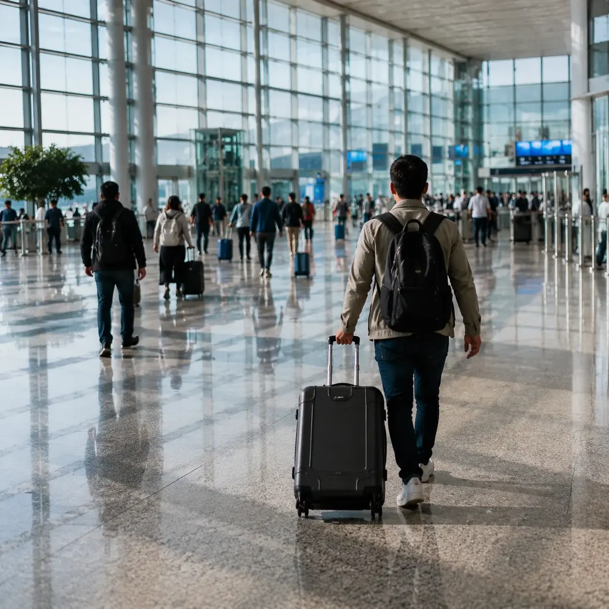 An international traveler with luggage walking through the bright modern arrivals hall at Shanghai Pudong International Airport.