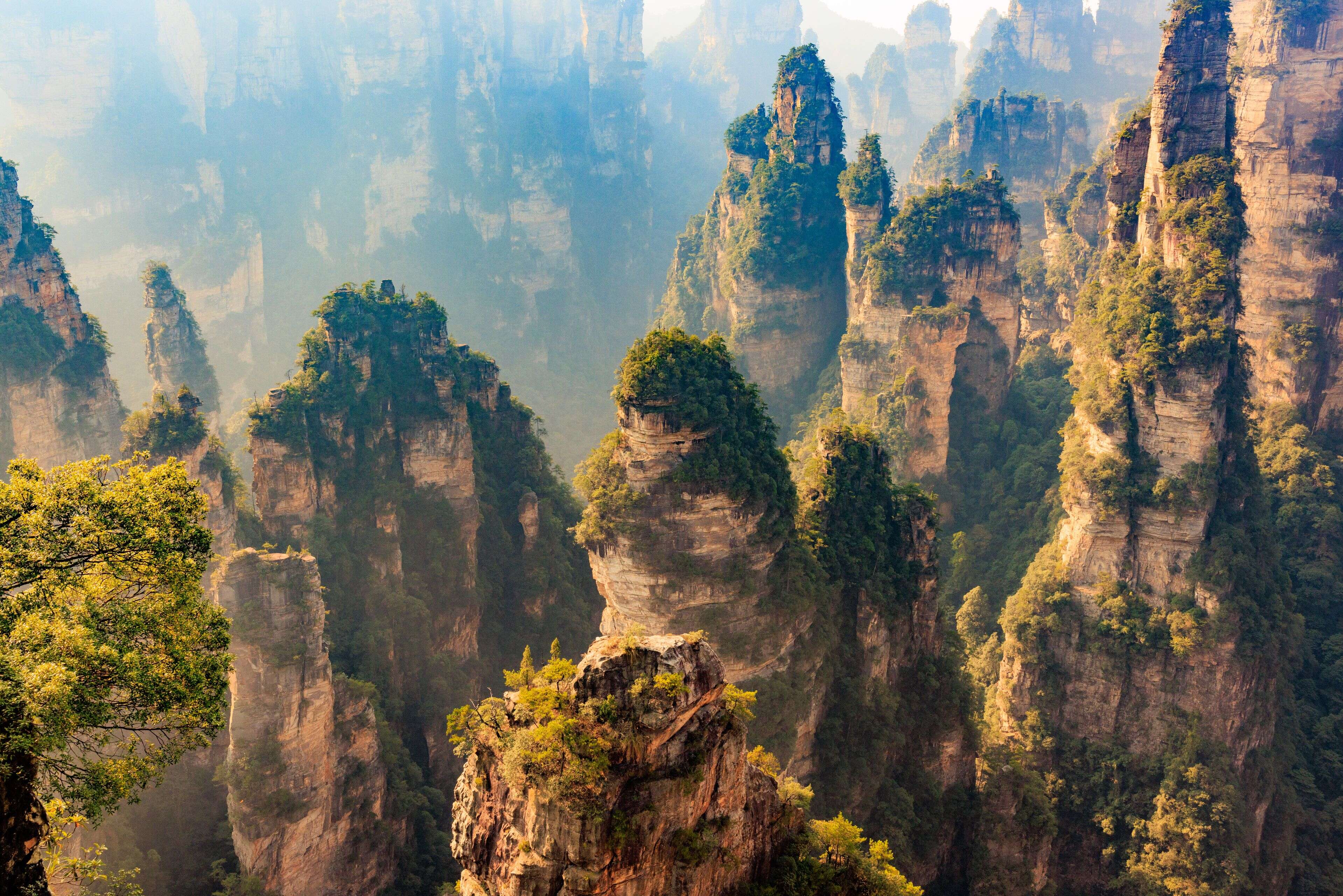 Funivia, passerella su scogli e illuminazione notturna stagionale, Zhangjiajie