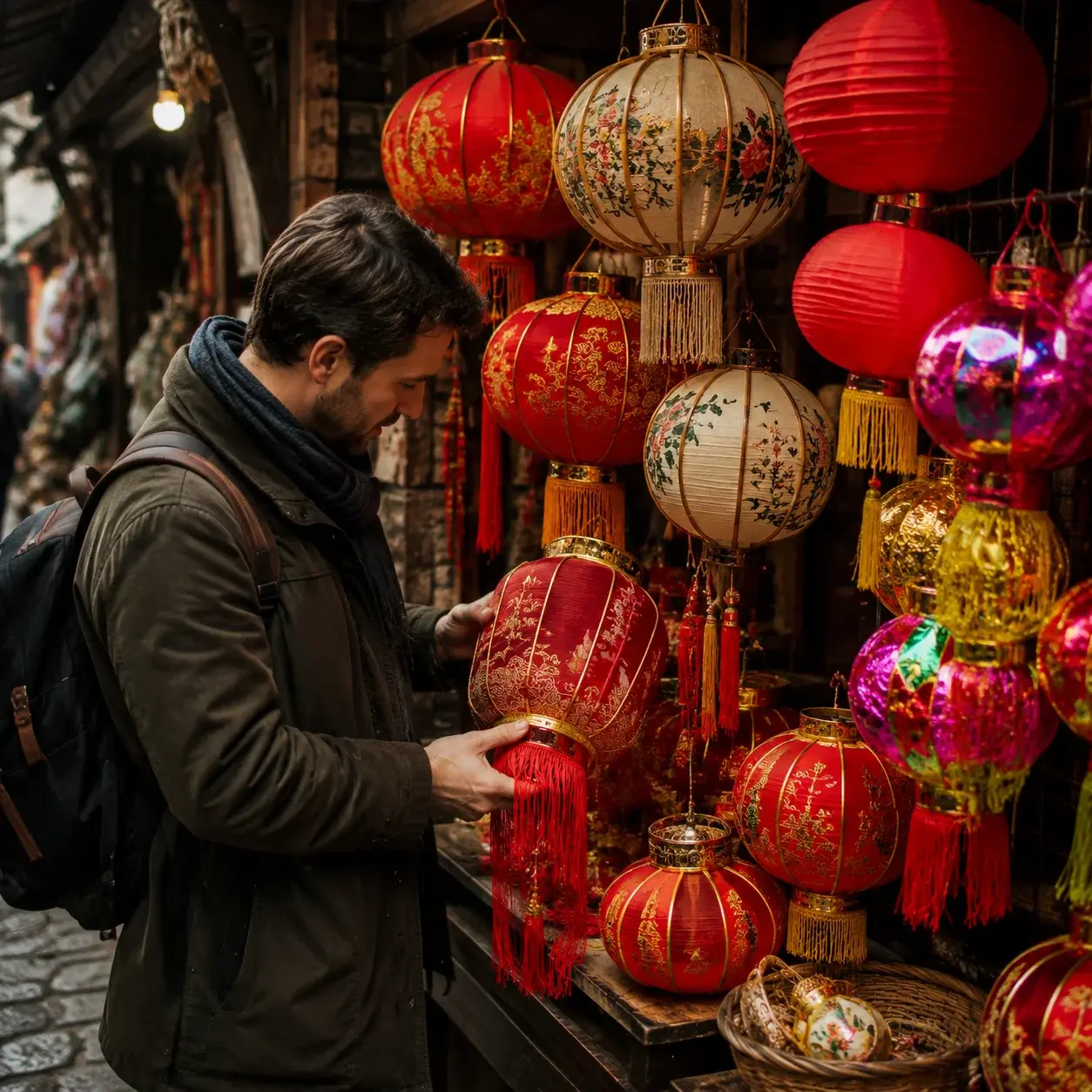 A traditional Chinese market stall filled with red silk lanterns and handcrafted hanging lanterns.