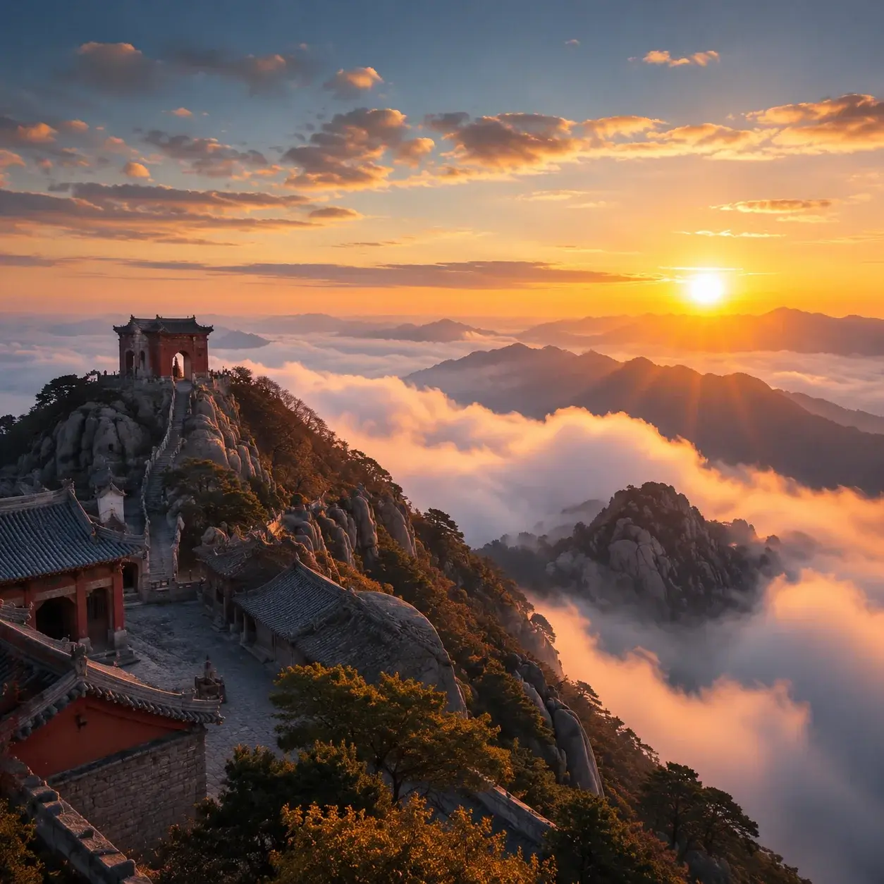 Dawn over Mount Tai's summit temples and gate above a sea of clouds
