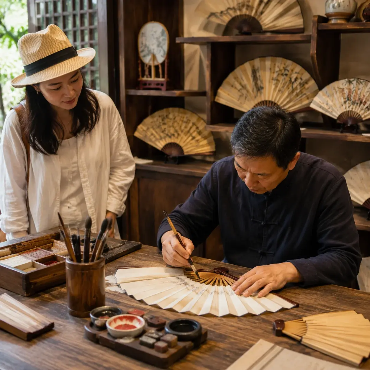A craftsperson in a traditional Chinese fan shop brushes a custom inscription onto an open silk folding fan.