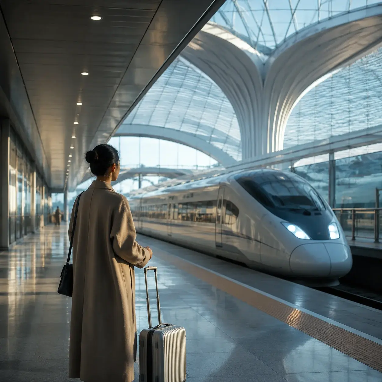 A traveler with a rolling suitcase waits on the sleek airport express platform inside Beijing Daxing Airport as a train approaches.