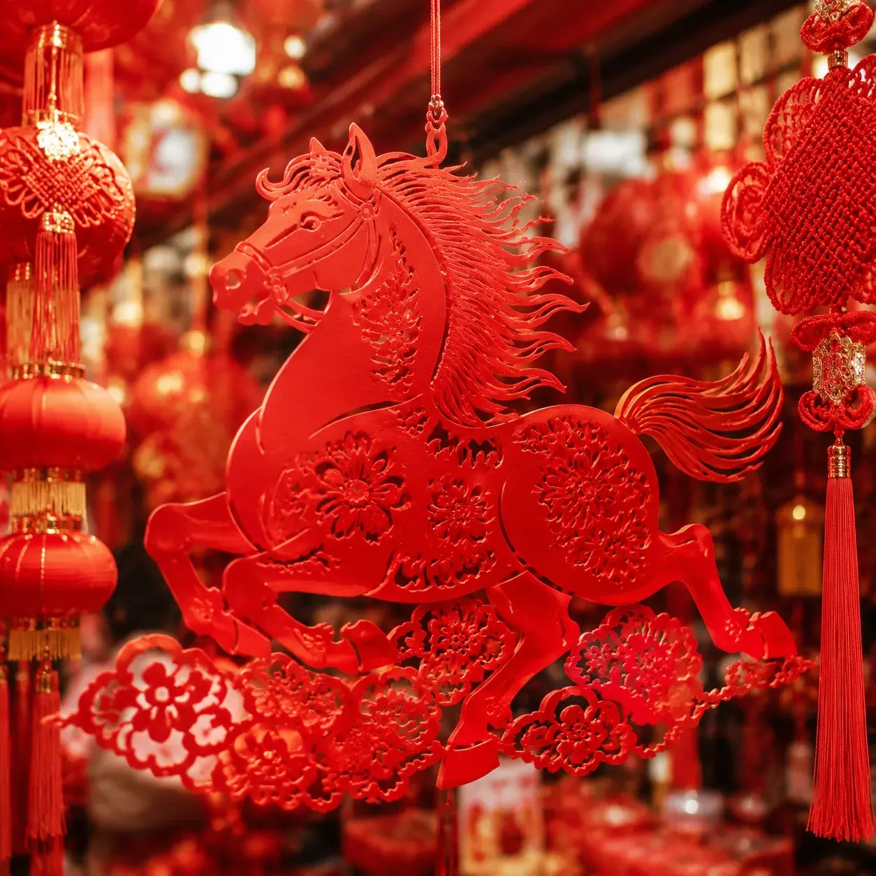 Red paper-cut horse and festive decorations for the Year of the Horse