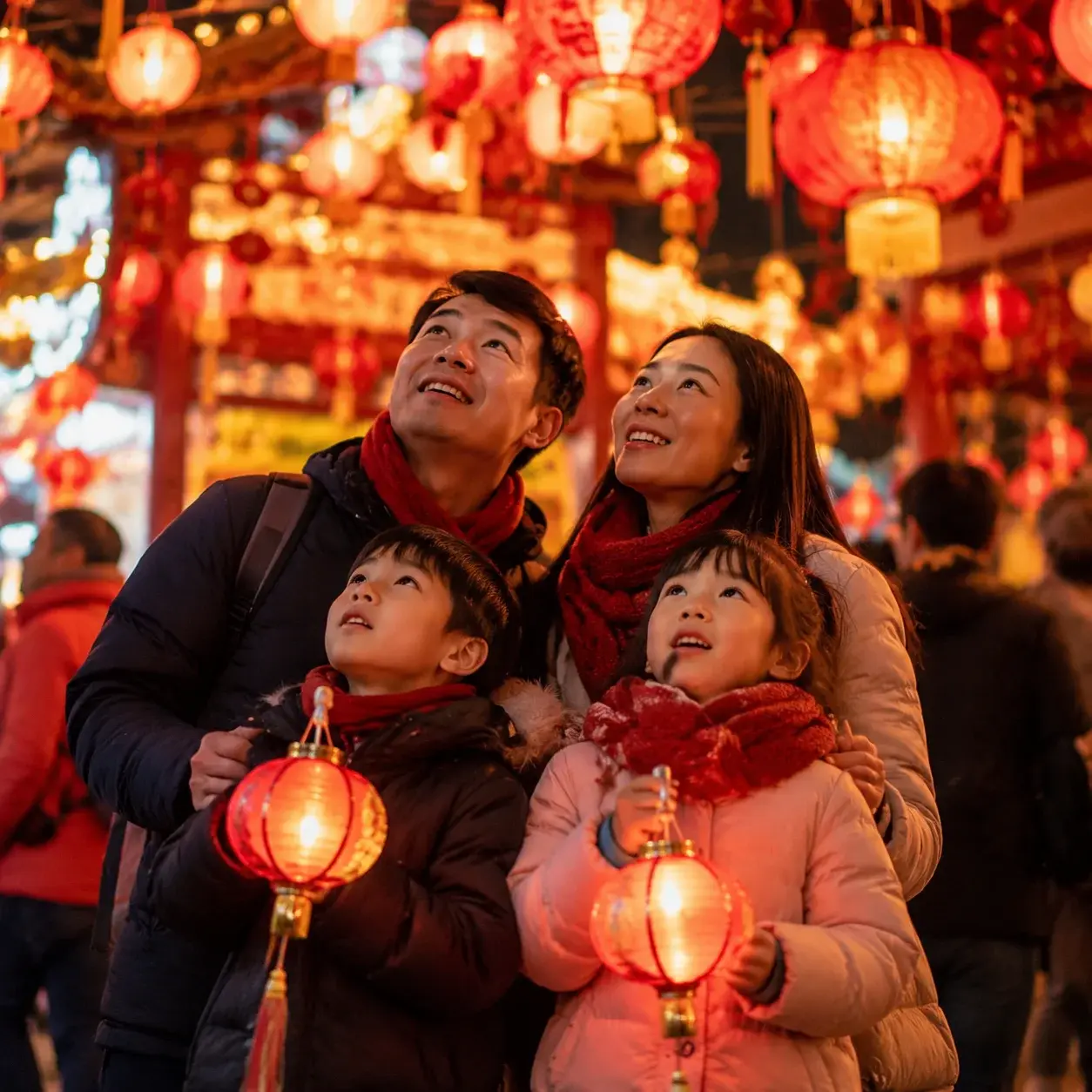 Children holding glowing red lanterns at a Chinese New Year lantern festival at night