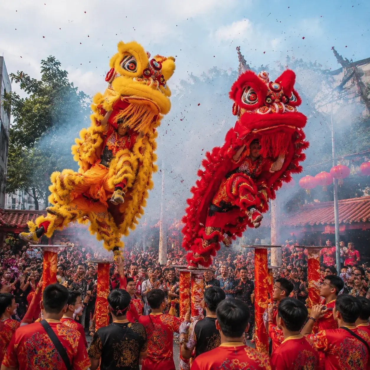 A colorful lion dance performance at a Chinese New Year street celebration