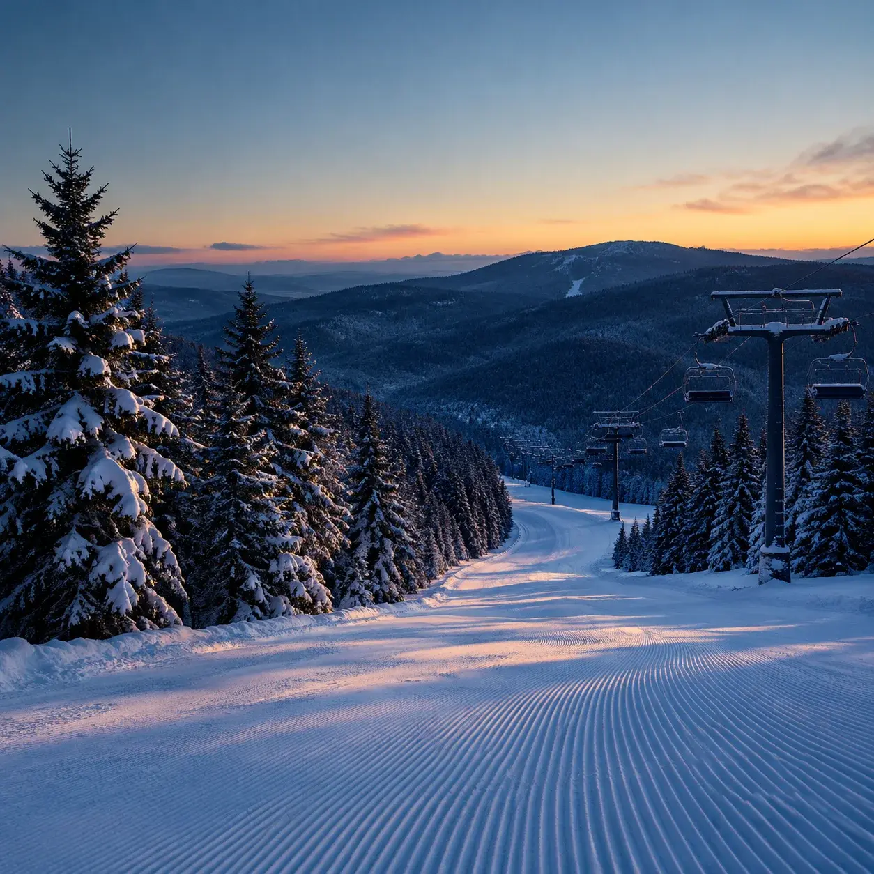 A groomed ski piste descending through snow-covered conifer forest at a ski resort in northeast China