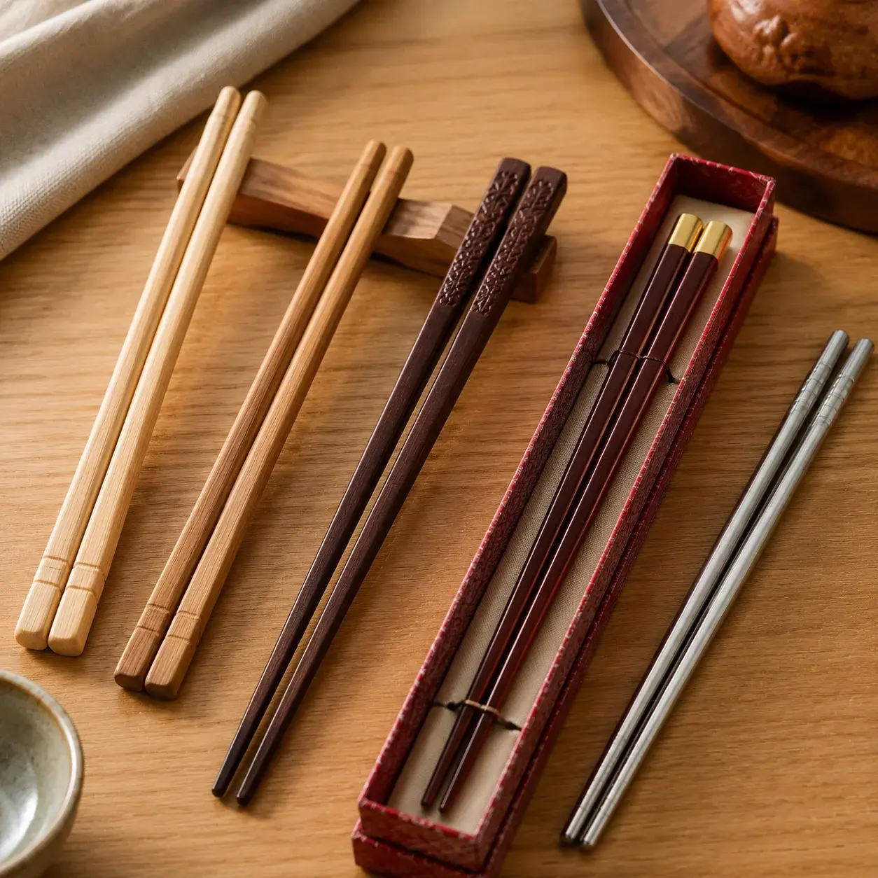A neatly arranged selection of bamboo, hardwood, lacquered, and stainless steel Chinese chopsticks on a wooden surface.