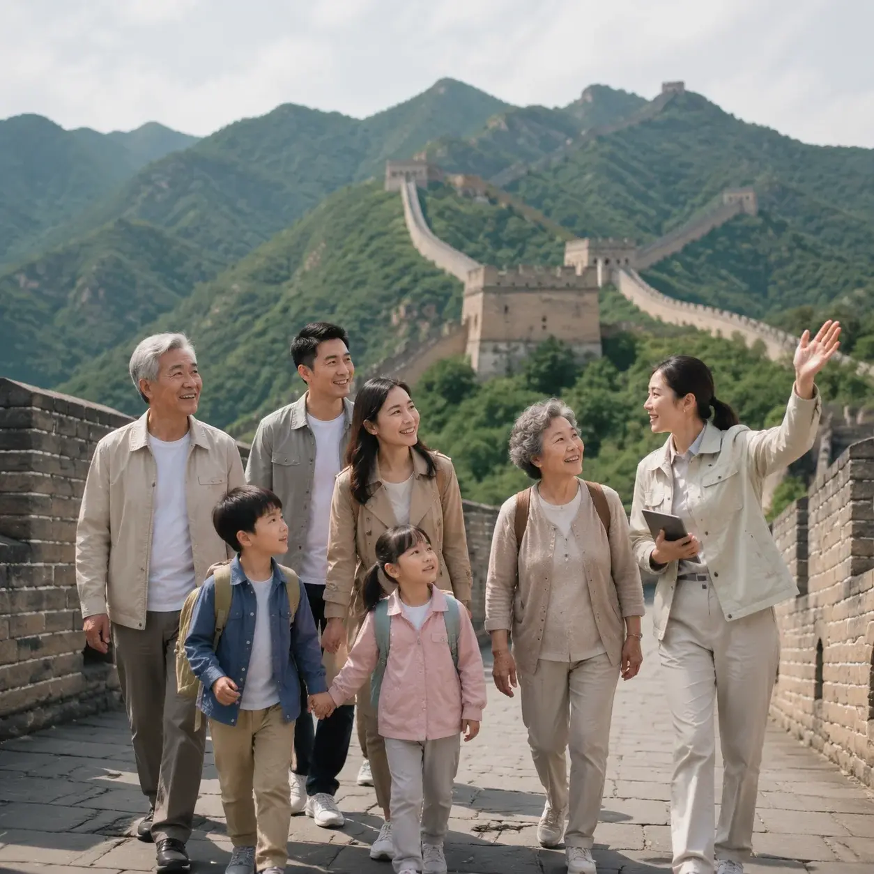 A multigenerational family walking at an easy pace with their private guide along an iconic Chinese site