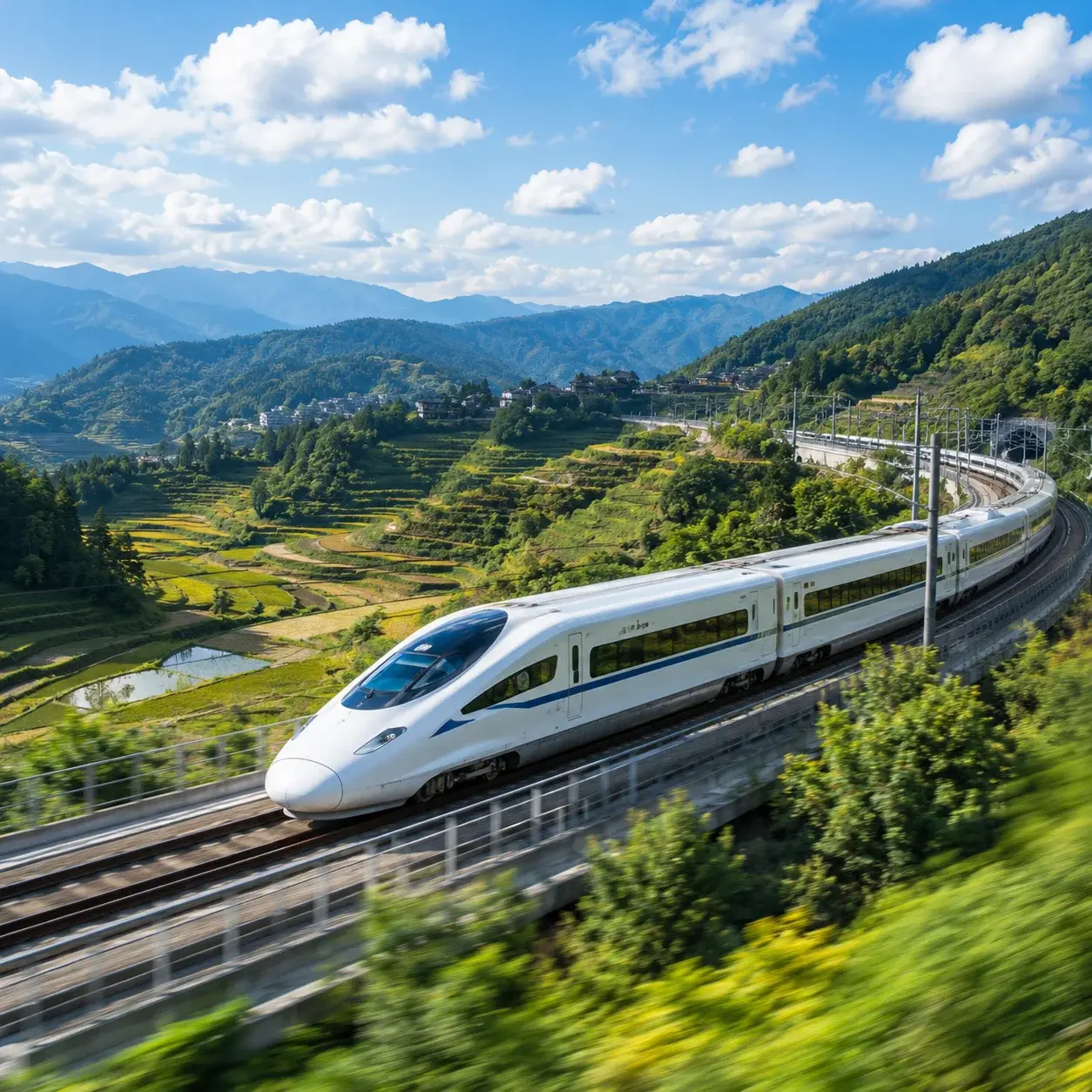 A high-speed rail train sweeping through green terraced countryside in Yunnan