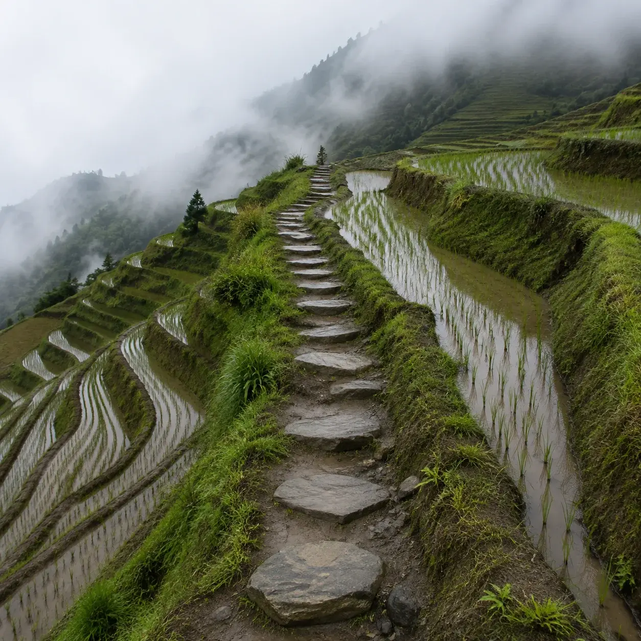 Worn stone steps climbing between terraced fields at Longji