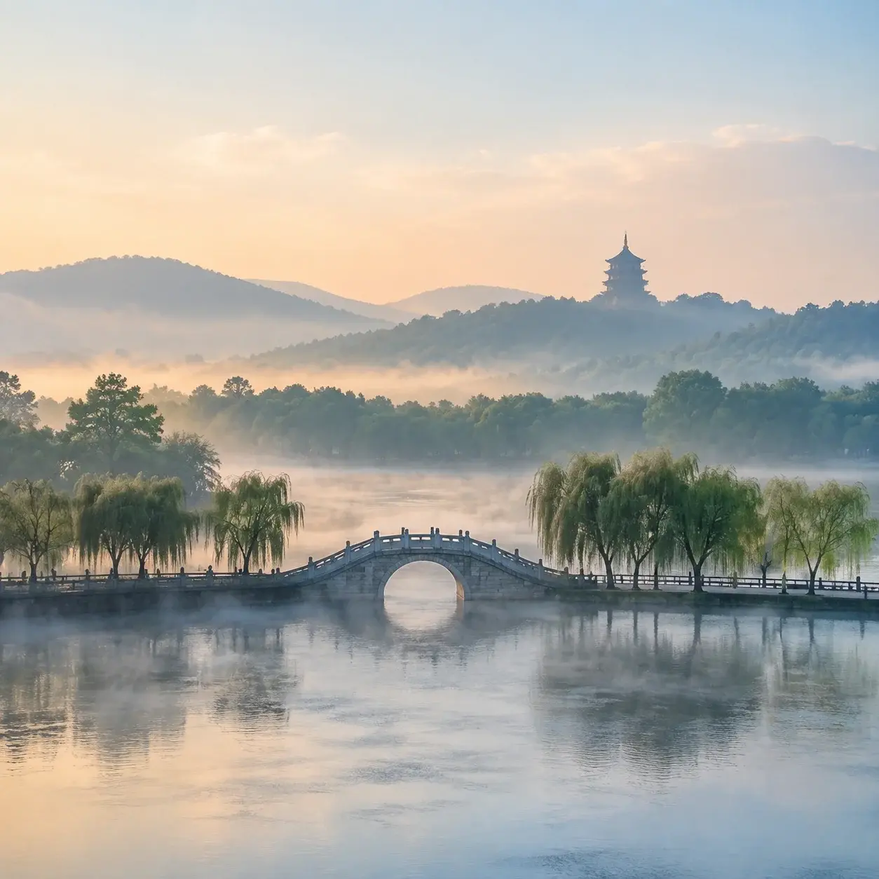 Westsee in Hangzhou bei Tagesanbruch — der einzige Abschnitt der Jiangnan-Route auf der Befreiungsliste