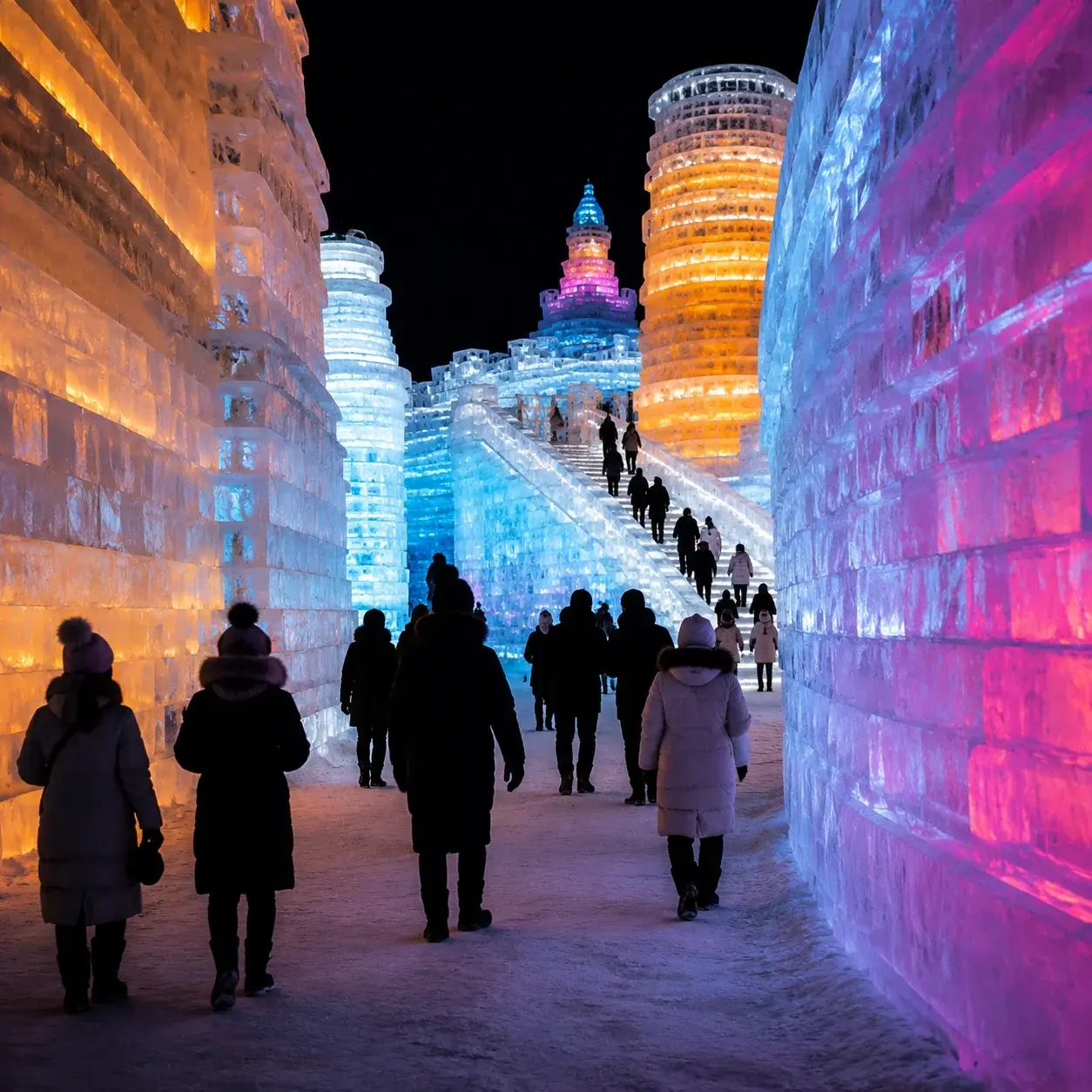 Visitors walking among giant glowing ice structures at the Harbin Ice and Snow Festival at night