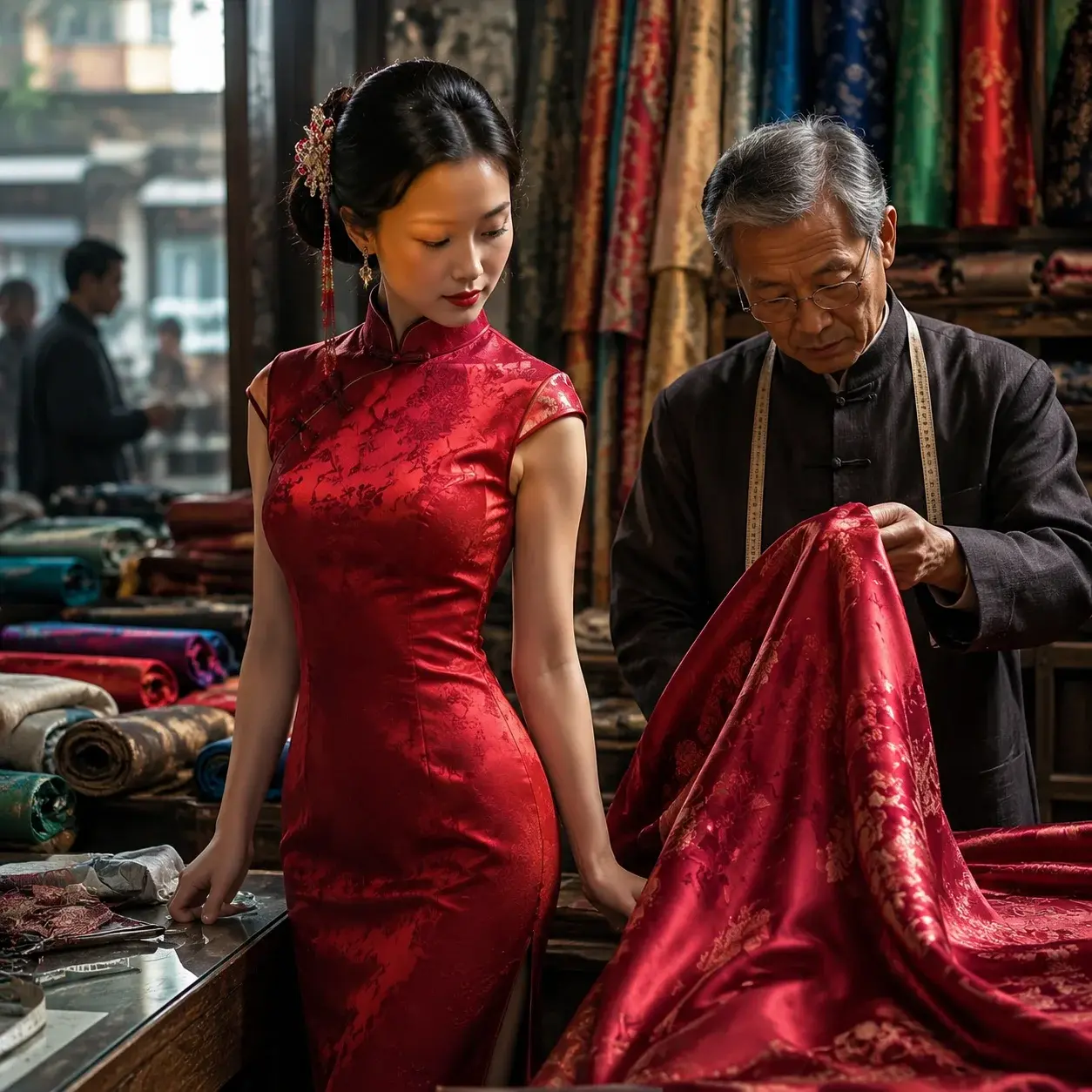 A woman in a red silk cheongsam examines fabric with a tailor inside a busy Shanghai textile market.