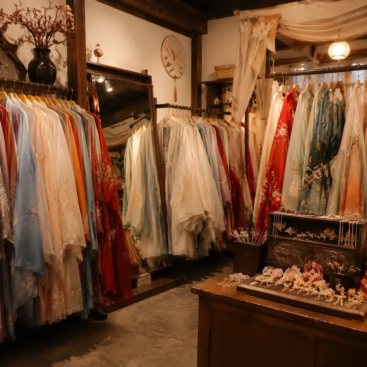 Racks of hanfu robes and hair ornaments inside a Beijing costume rental shop