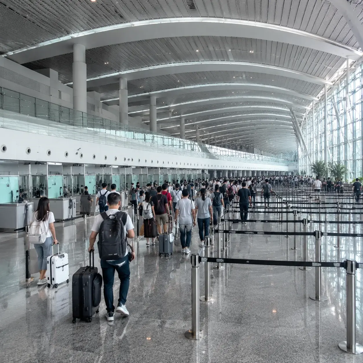 深圳與香港之間現代化陸路口岸的大廳，設有排隊通道及攜帶行李的旅客