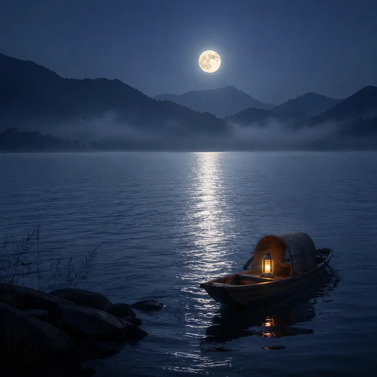 The full moon reflected over a calm Chinese lake with a small boat near the shore