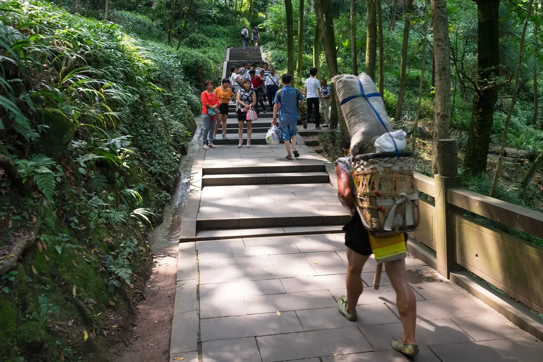 Visitors climbing the front-mountain steps shoulder to shoulder, a porter among them