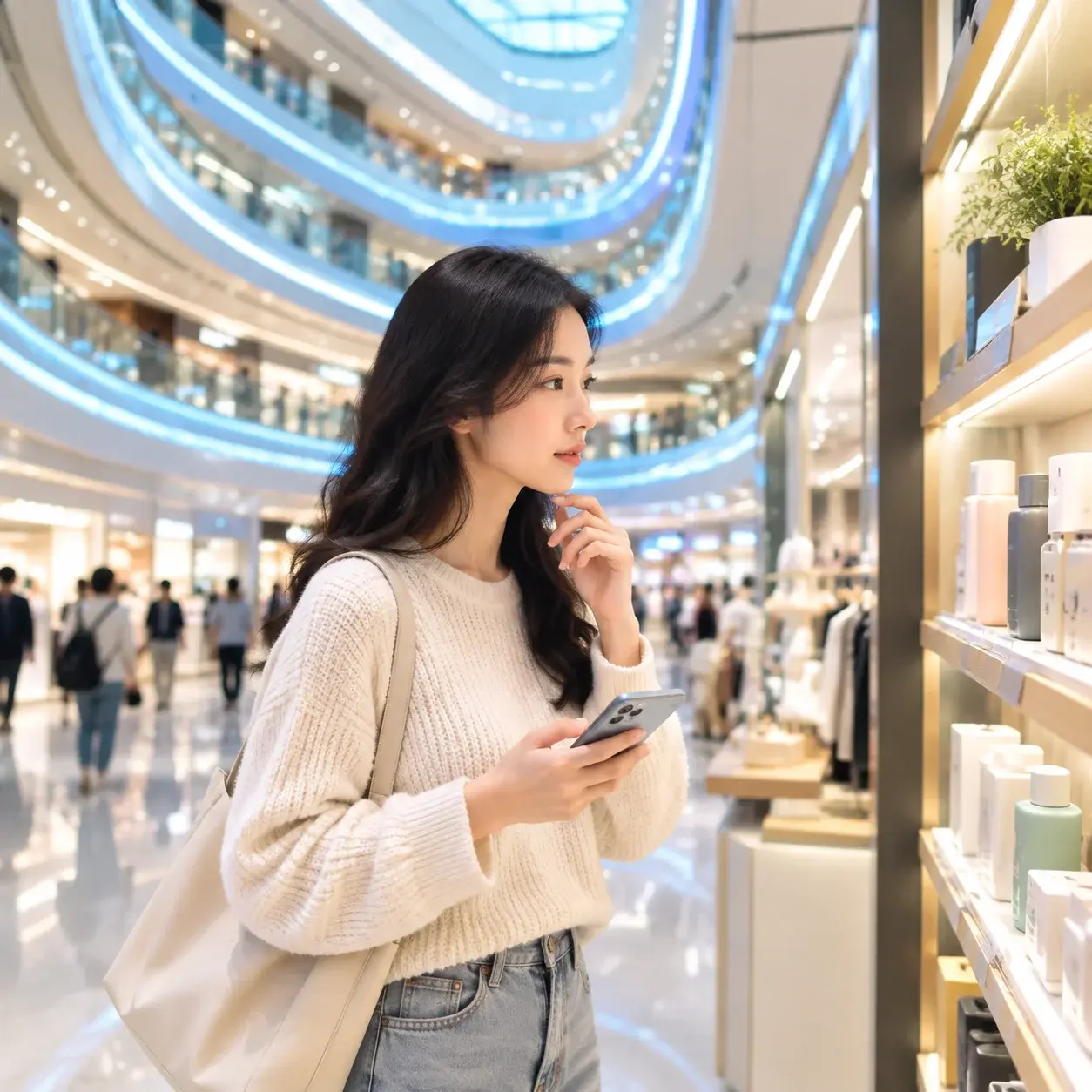 A traveller comparing prices on a phone while shopping in a modern Chinese mall.