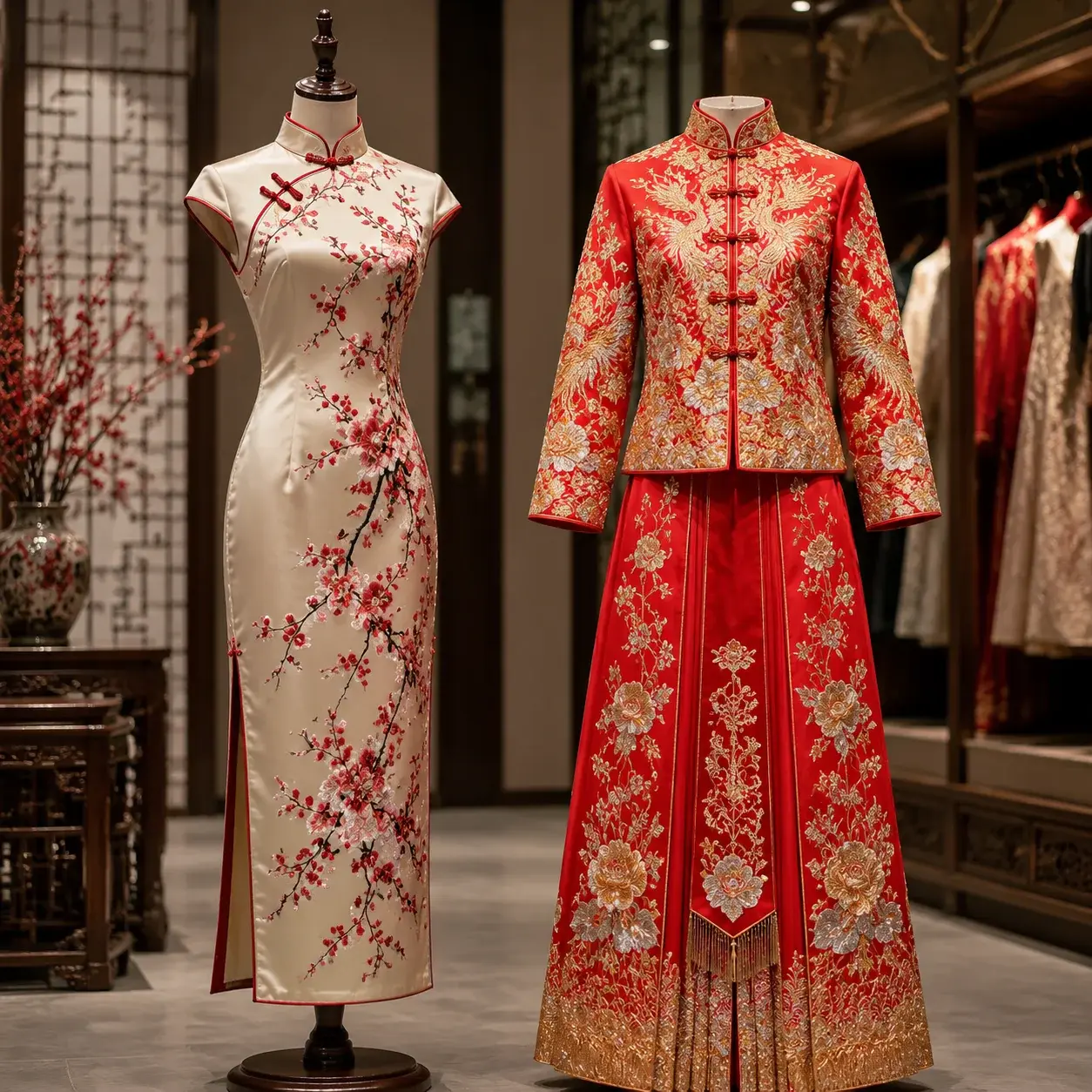 A fitted cheongsam and a red-and-gold embroidered qun kwa are displayed side by side in a boutique.