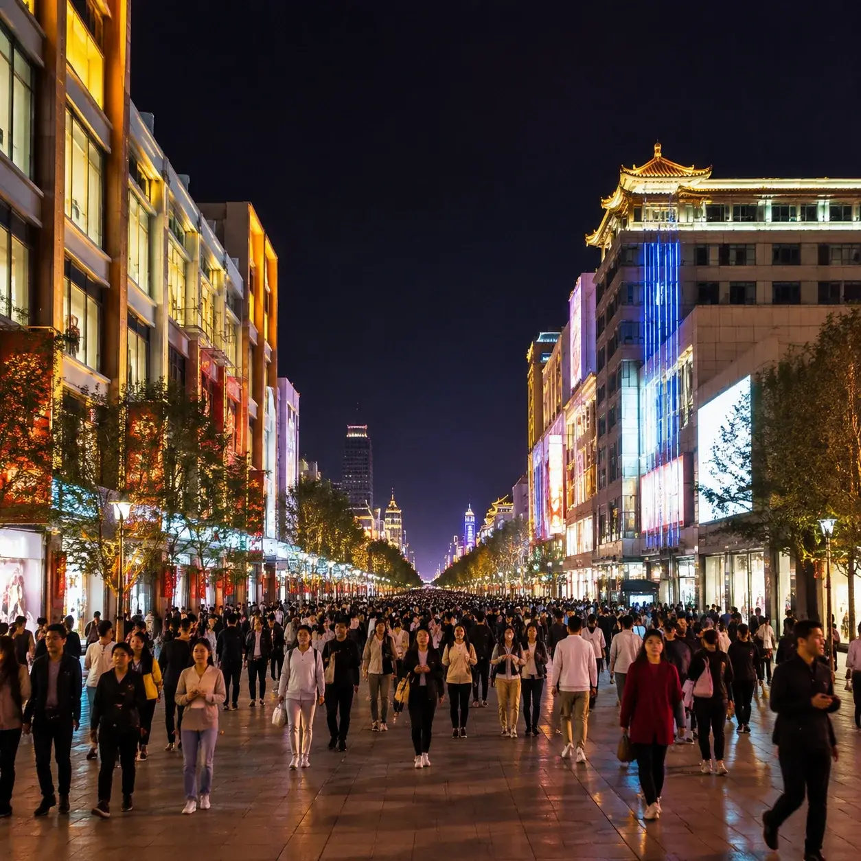 Wangfujing pedestrian shopping street glowing with neon and crowds on a Beijing evening