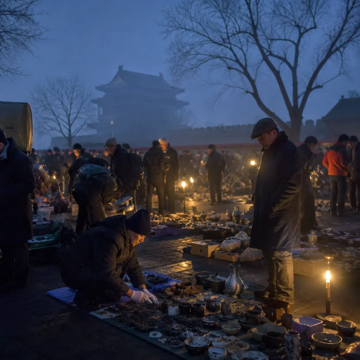 Traders setting up flea-market stalls at first light