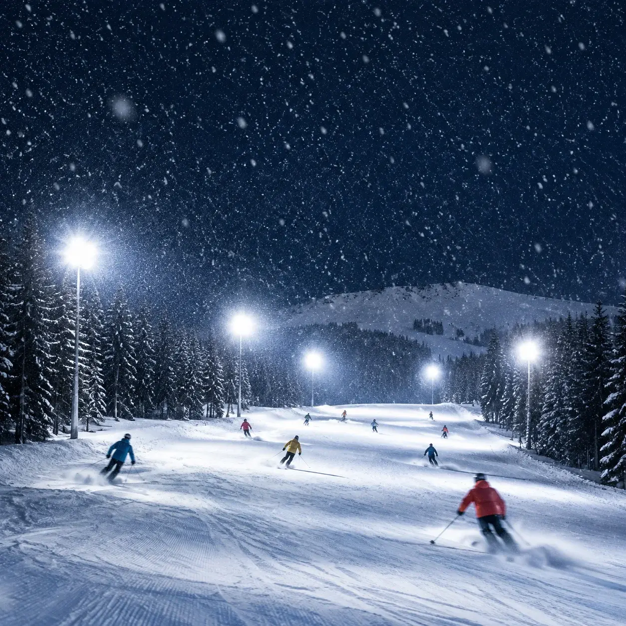 中國滑雪場的夜滑時段:燈光下的雪道