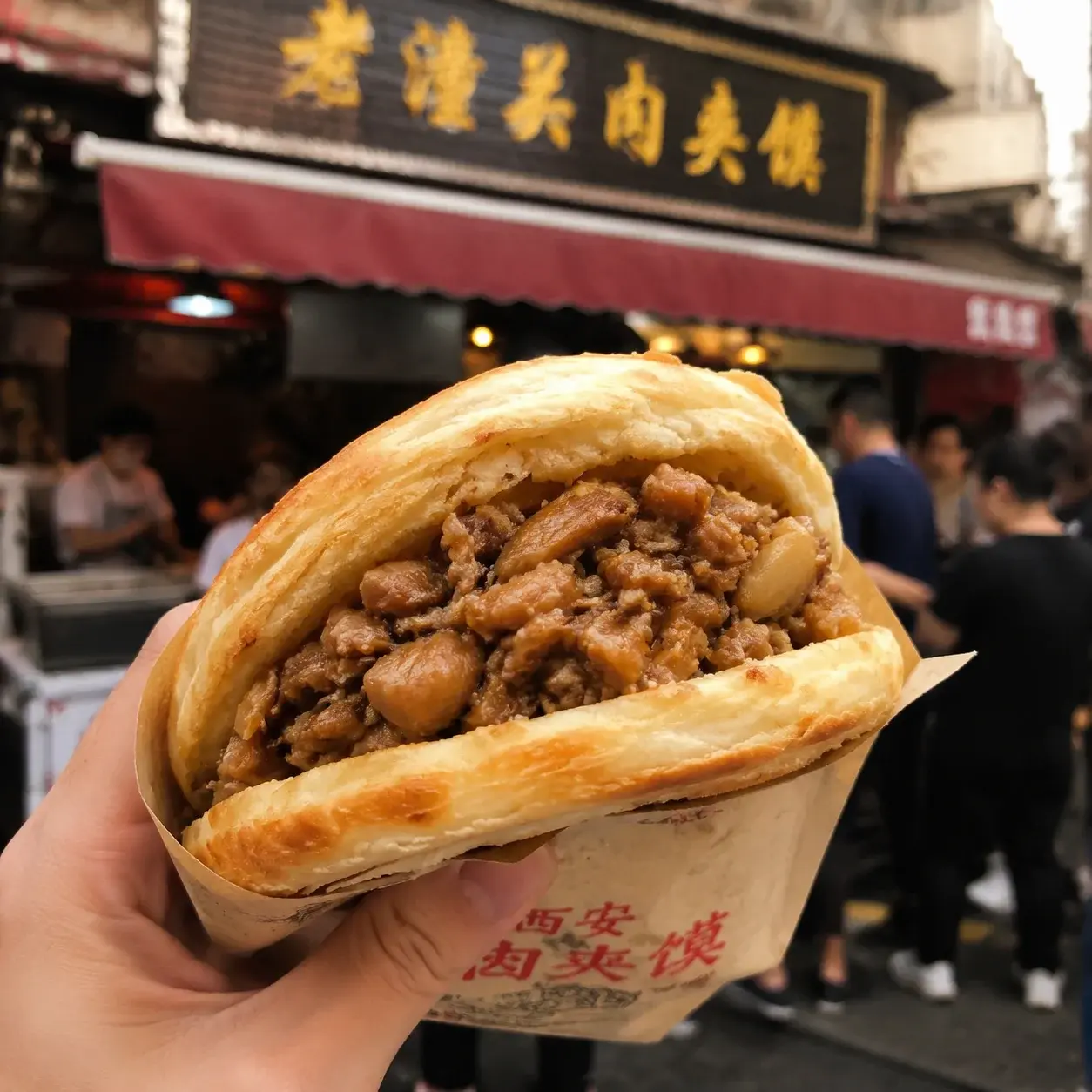 一個裝滿剁碎滷豬肉的肉夾饃白吉饃,在西安街頭攤位手持