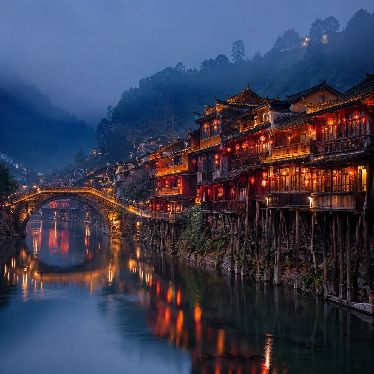 Lantern-lit stilt houses reflected in the Tuojiang River at dusk in Fenghuang Ancient Town