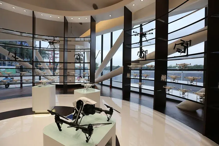 A drone on display inside the flagship store