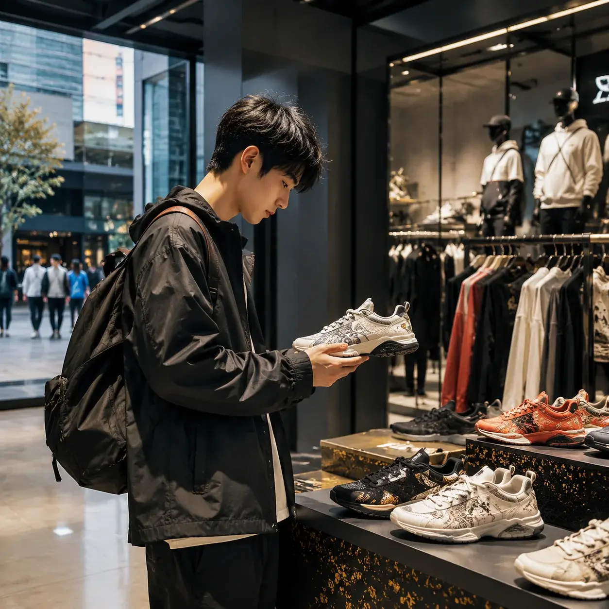 A traveler browsing modern Chinese streetwear and stylish sneakers inside a sleek flagship store.