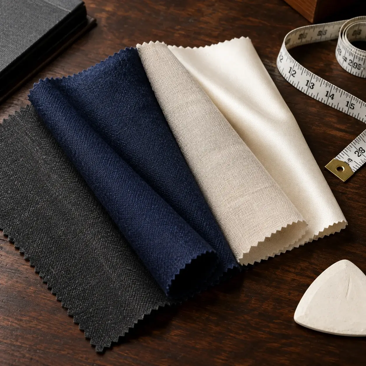 Suiting fabric swatches in wool, linen and silk, the main thing that sets a Shanghai tailor's price.