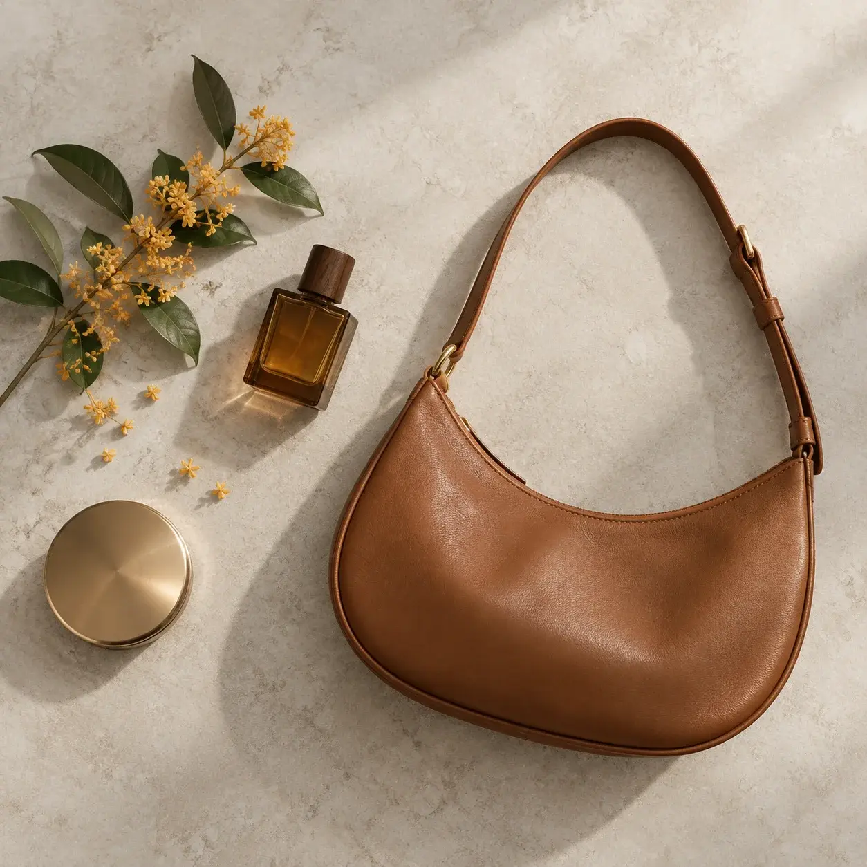 A leather shoulder bag, perfume bottle and makeup compact from Chinese brands sold in Shanghai.