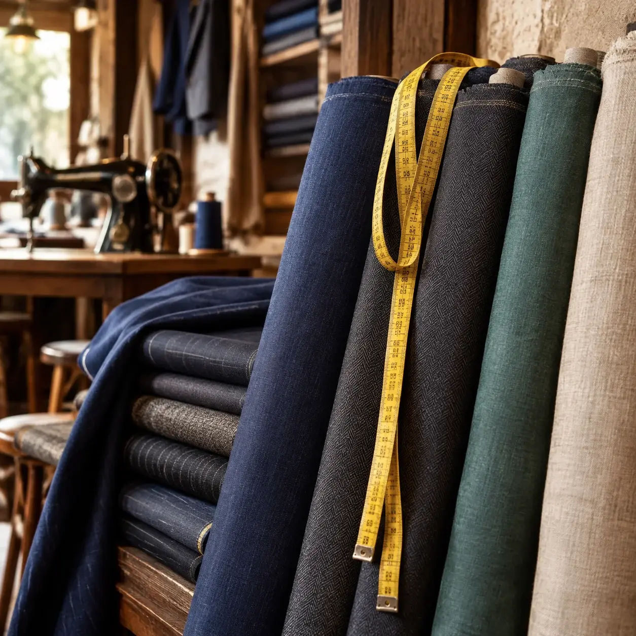 Bolts of suiting fabric and a tape measure at a tailor's stall.