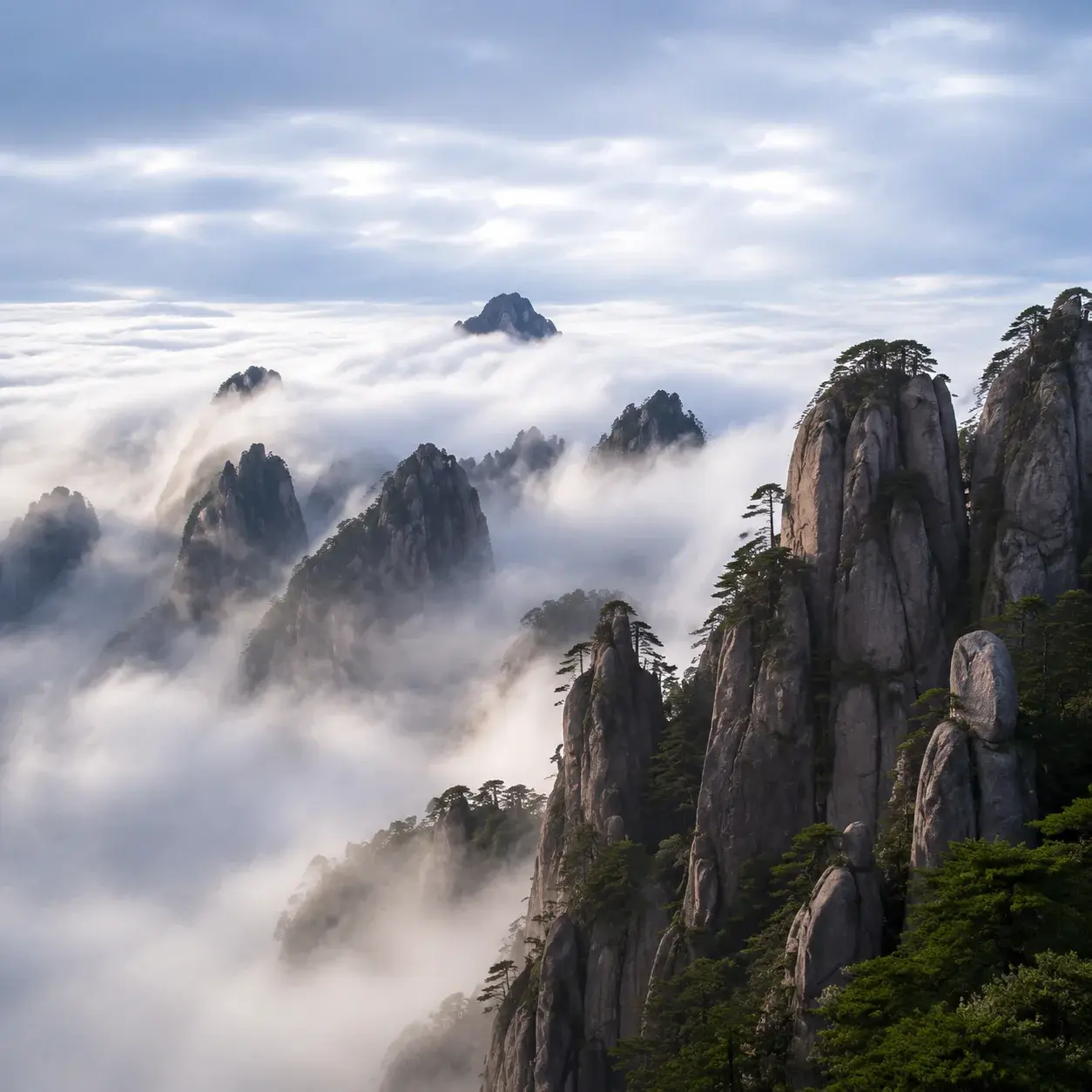 A sea of clouds pooling in the valleys below the granite peaks of Huangshan after rain