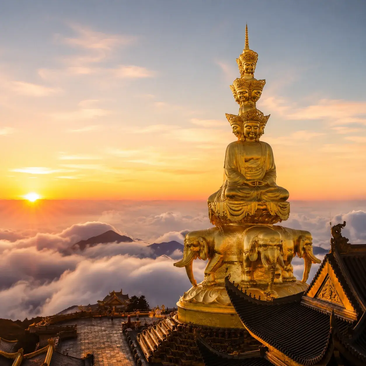 Dawn over the gilded Golden Summit of Mount Emei above a sea of clouds