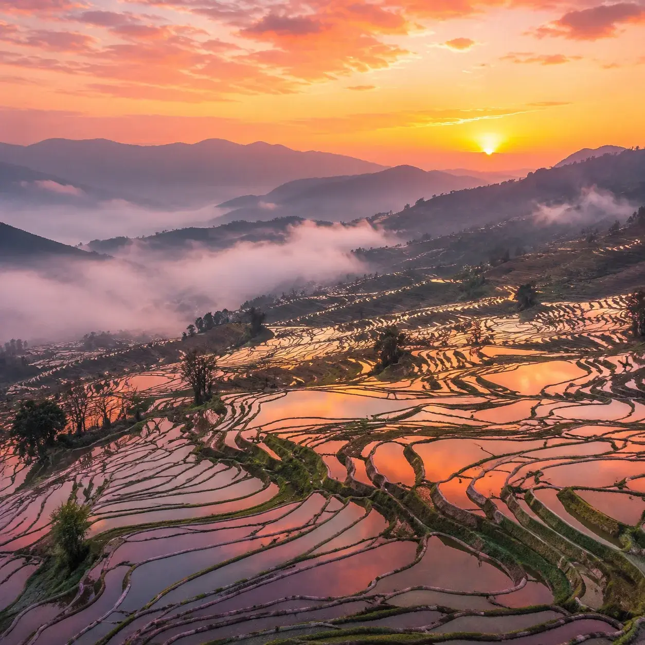 Flooded Yuanyang rice terraces in Yunnan reflecting a pink dawn sky