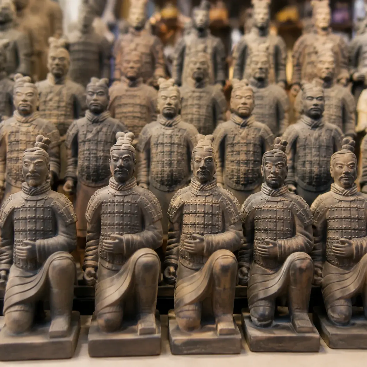 Rows of small terracotta warrior replica figurines displayed in Xi'an with detailed clay faces and armor.