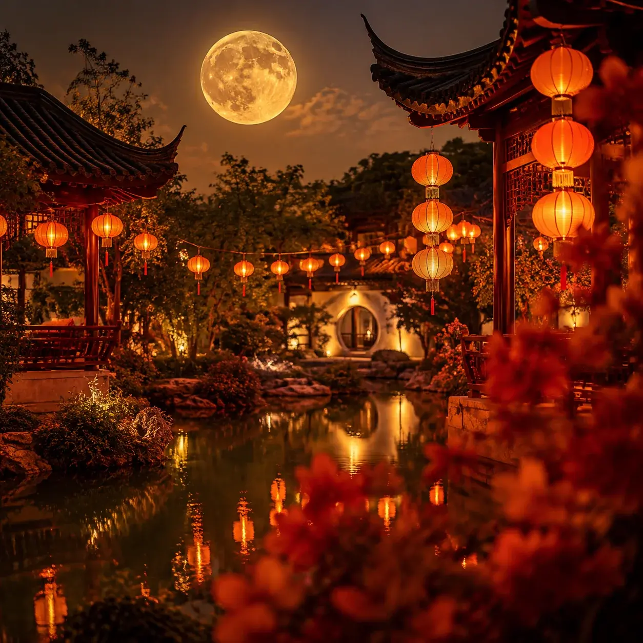 A full harvest moon and glowing red lanterns over a Chinese garden pond on Mid-Autumn night