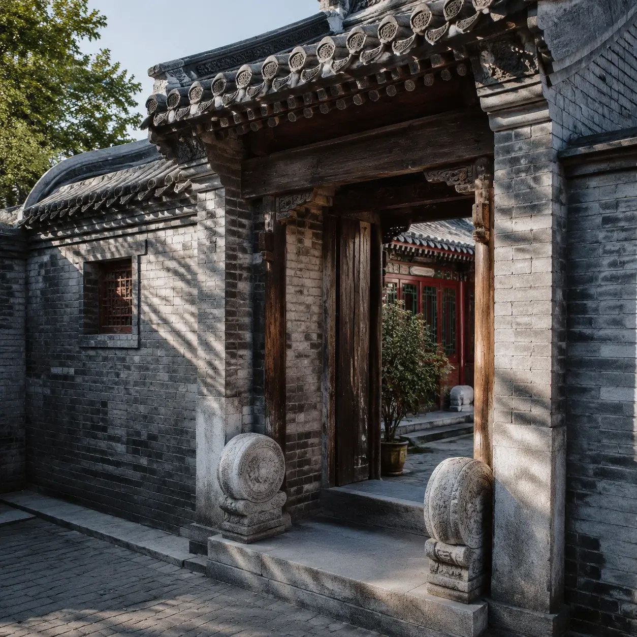 Carved gray-brick gateway of a Beijing siheyuan courtyard house