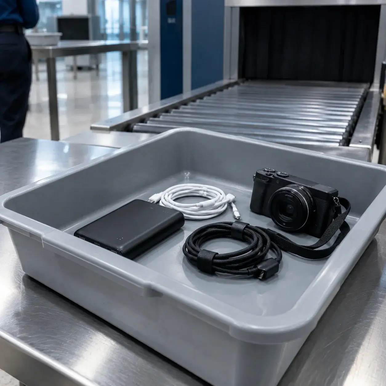 A power bank and cables in an airport security tray before a flight in China.
