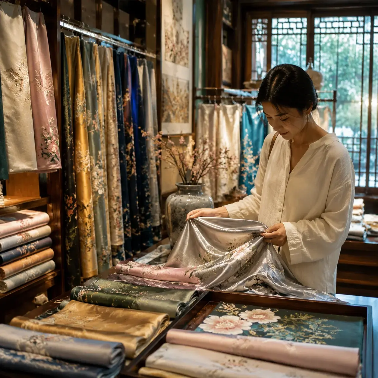 A traveler browsing lustrous silk fabrics and embroidered pieces inside a traditional silk shop in Suzhou.
