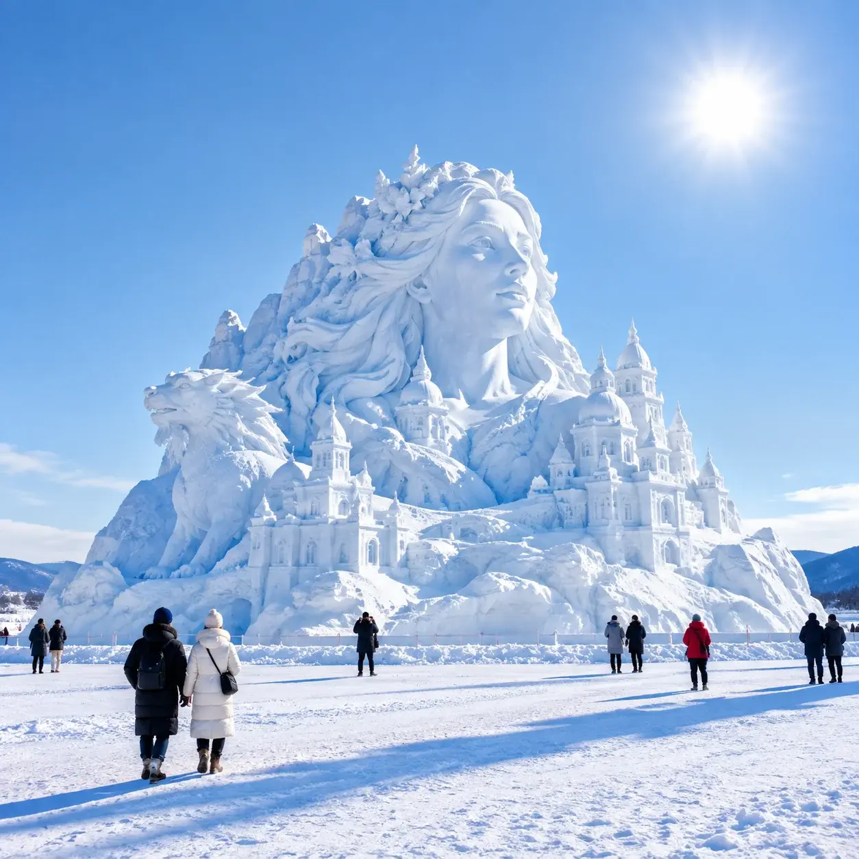 Monumental white snow sculptures under daytime winter sky at Harbin's Sun Island Snow Sculpture Expo