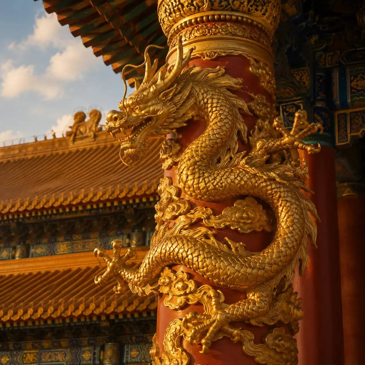 Golden imperial dragon carving on a red pillar in Beijing's Forbidden City