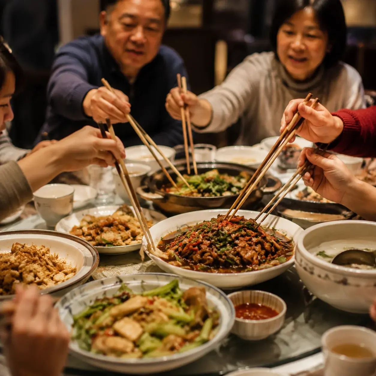 Several diners use long Chinese chopsticks to reach across a table of shared dishes at a restaurant.