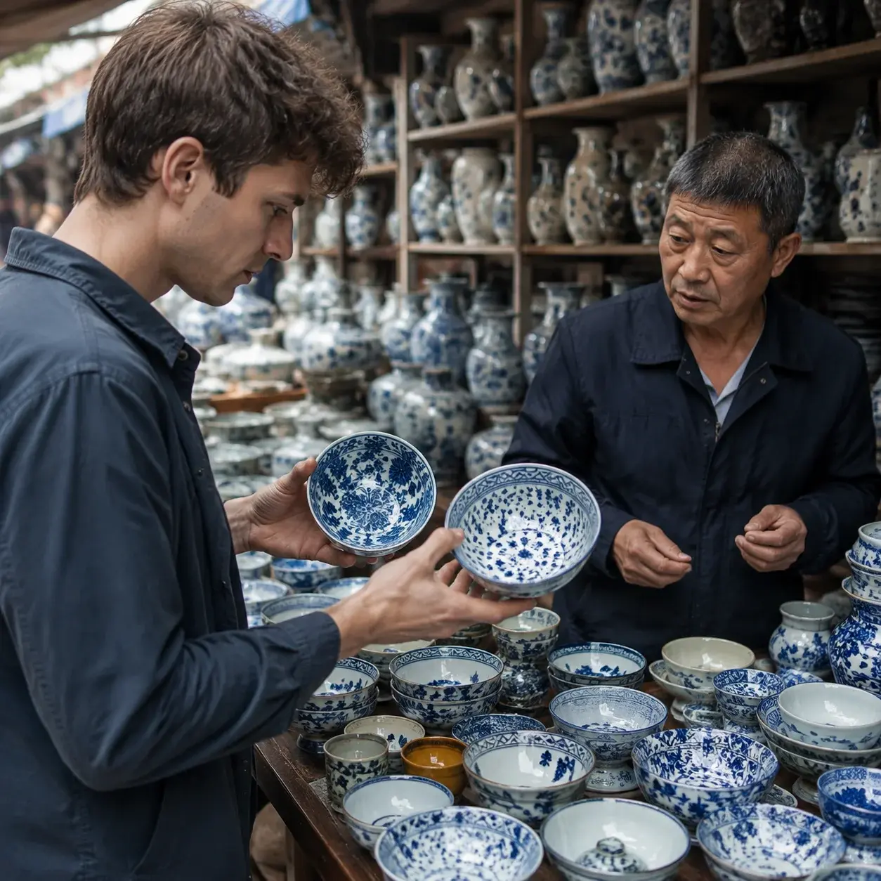 A traveler studies blue-and-white porcelain bowls at a busy market stall in Jingdezhen.