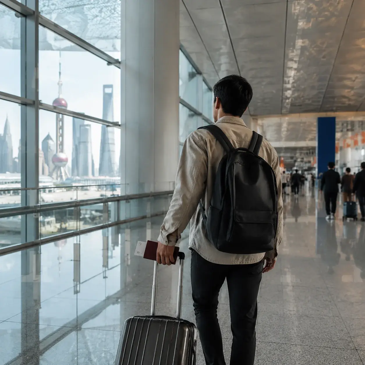 An international traveler with luggage walks through the bright modern arrivals hall at Shanghai Pudong International Airport.
