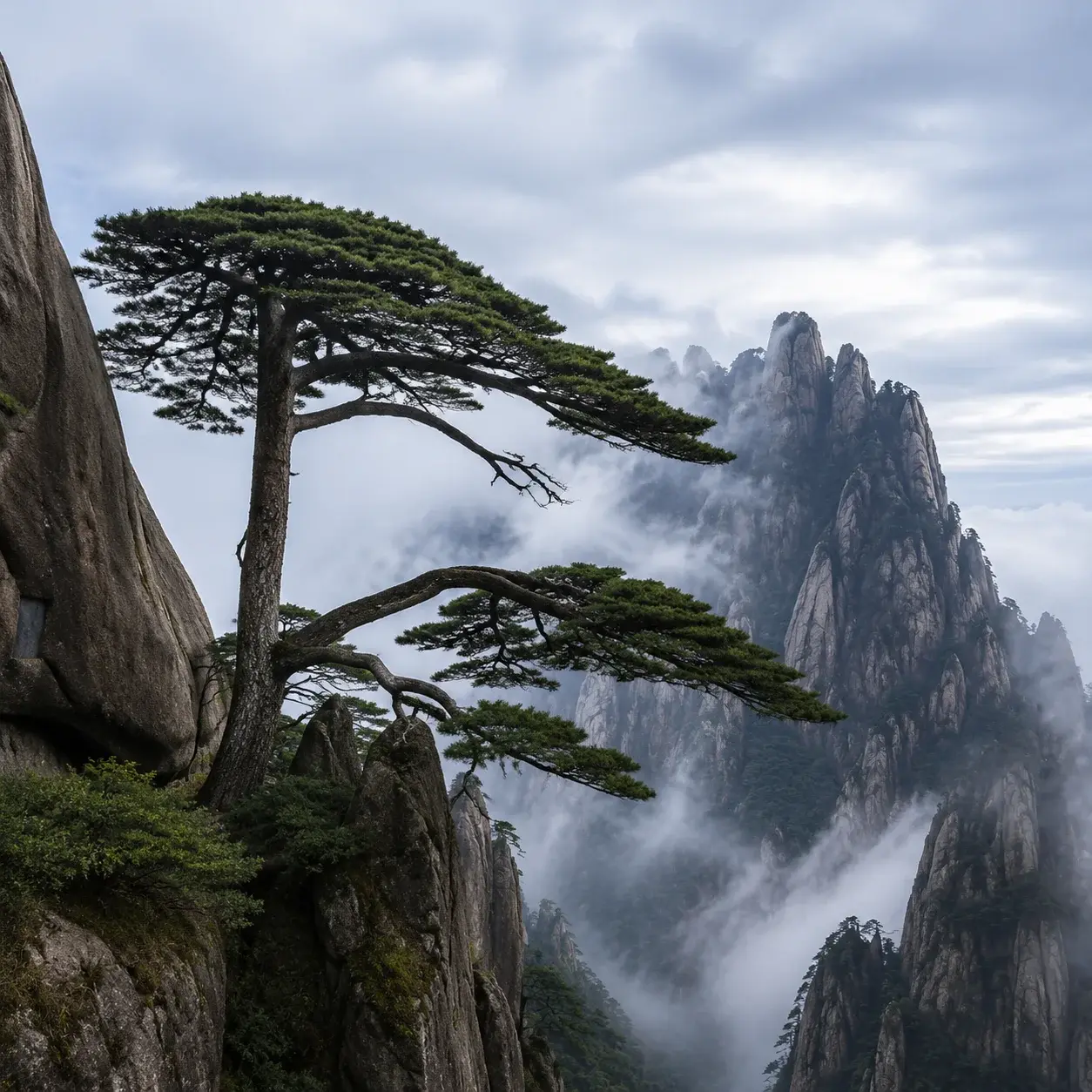 The famous Guest-Greeting Pine clinging to a granite cliff on the Front Mountain of Huangshan