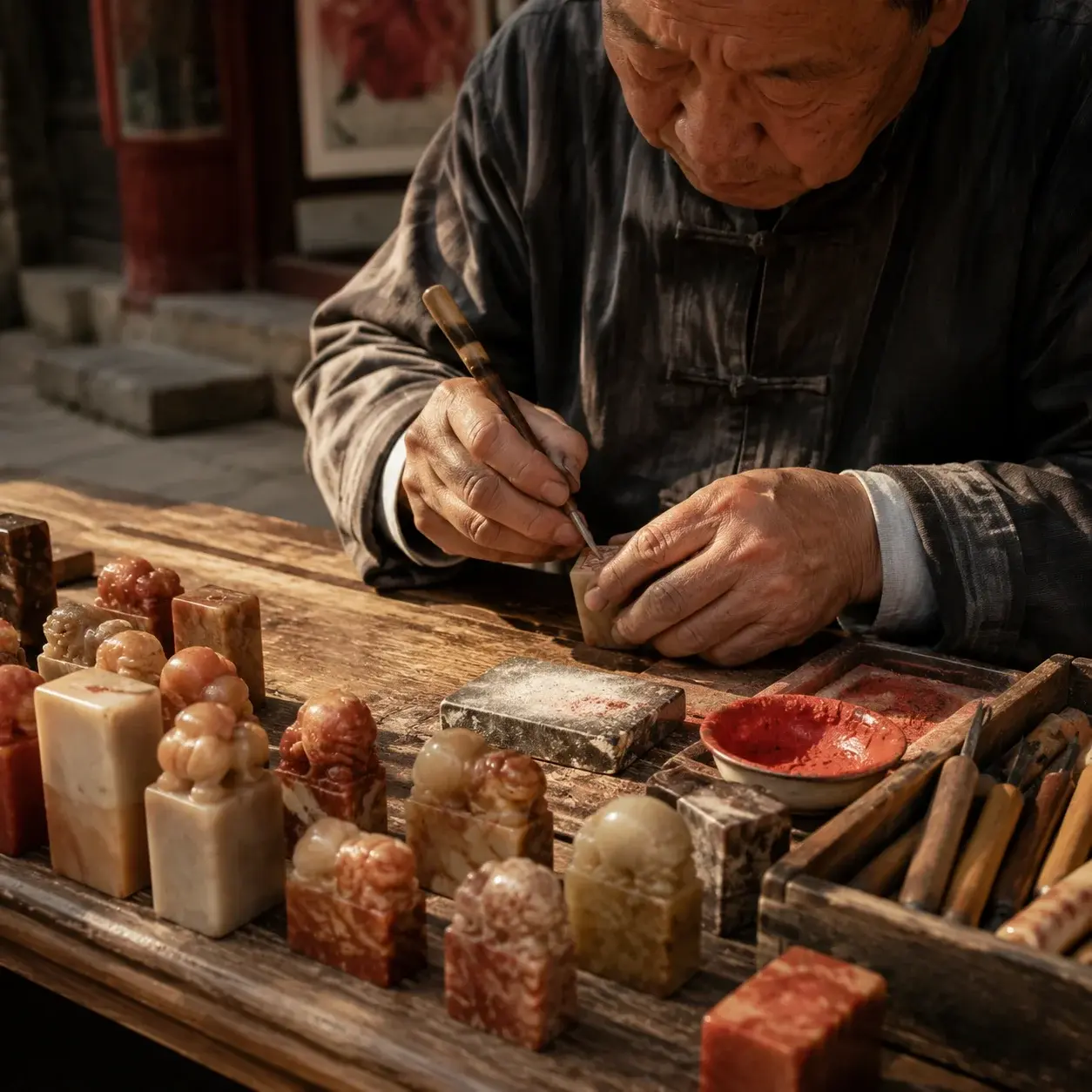 An artisan hand-carving a small Chinese stone name seal at a traditional craft stall with cinnabar paste nearby.