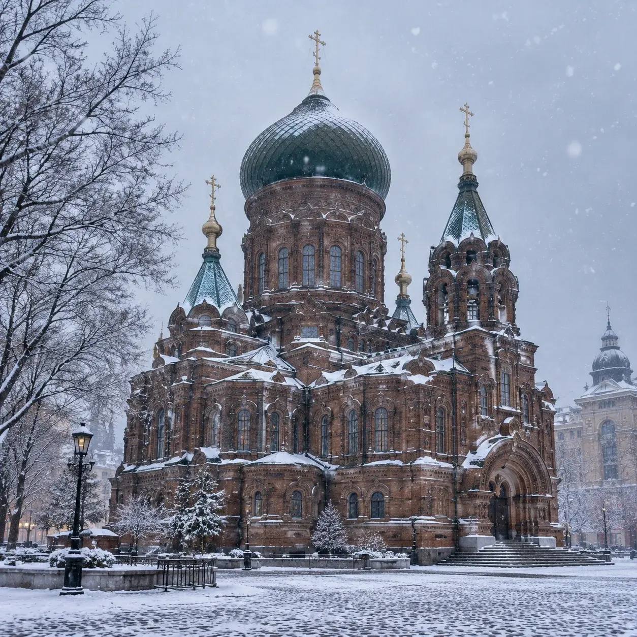 St. Sophia Cathedral in Harbin with its green dome dusted in falling snow